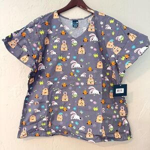Zoe + Chloe-WonderWink-Scrub Top-Spring Gopher and Rabbits Pattern-Size 2X-NWT